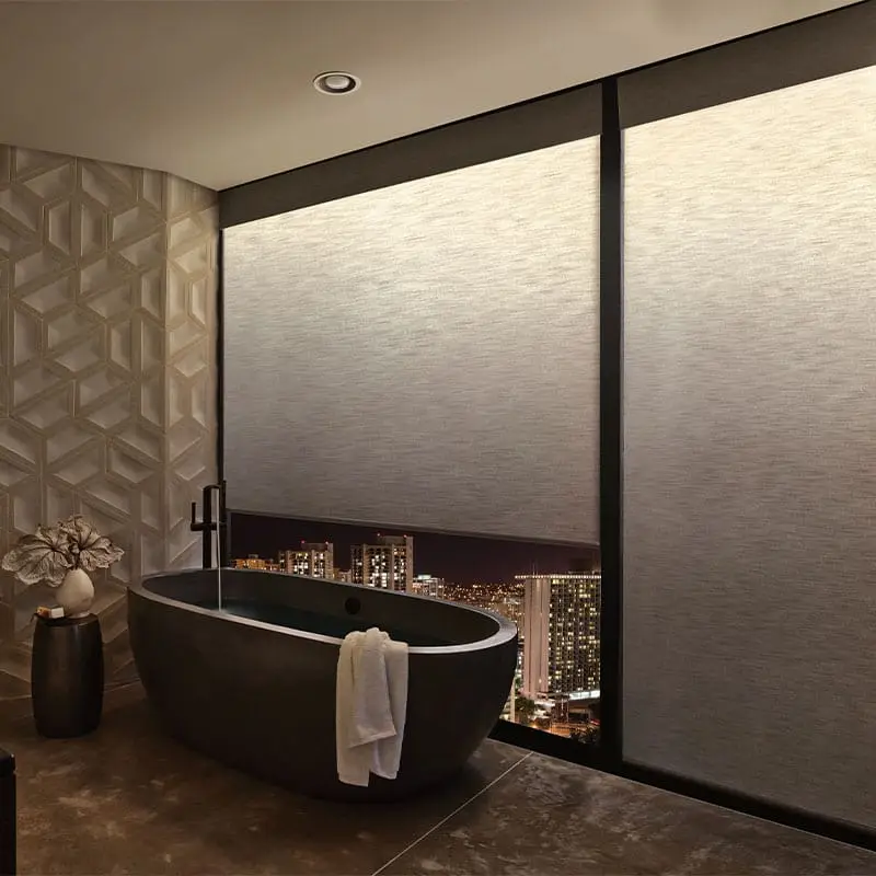 Luxury roller blinds for modern bathrooms with city views, blackout window treatments for privacy and style, advanced blinds and drapery custom window coverings, sleek and elegant design for upscale interiors.