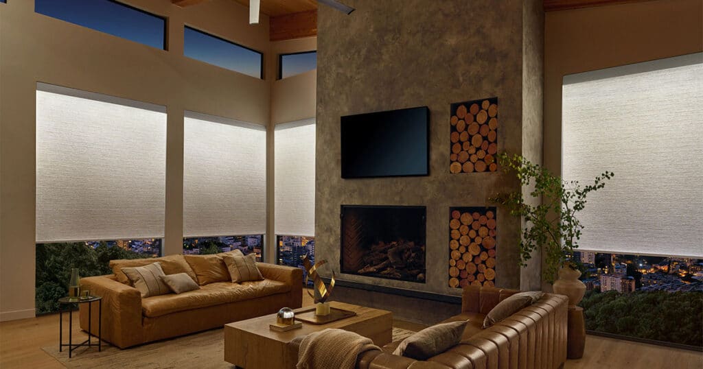 Elegant roller window blinds custom-fitted for modern living rooms, offering privacy and light control in upscale homes.