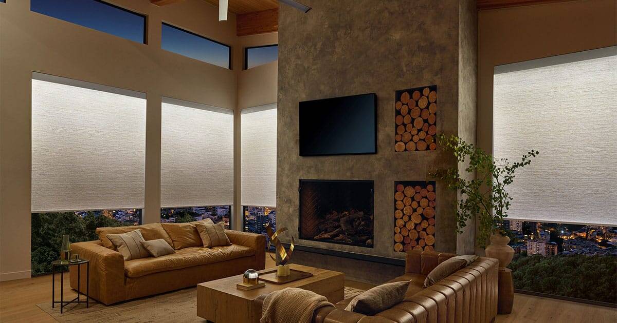 Elegant roller window blinds custom-fitted for modern living rooms, offering privacy and light control in upscale homes.
