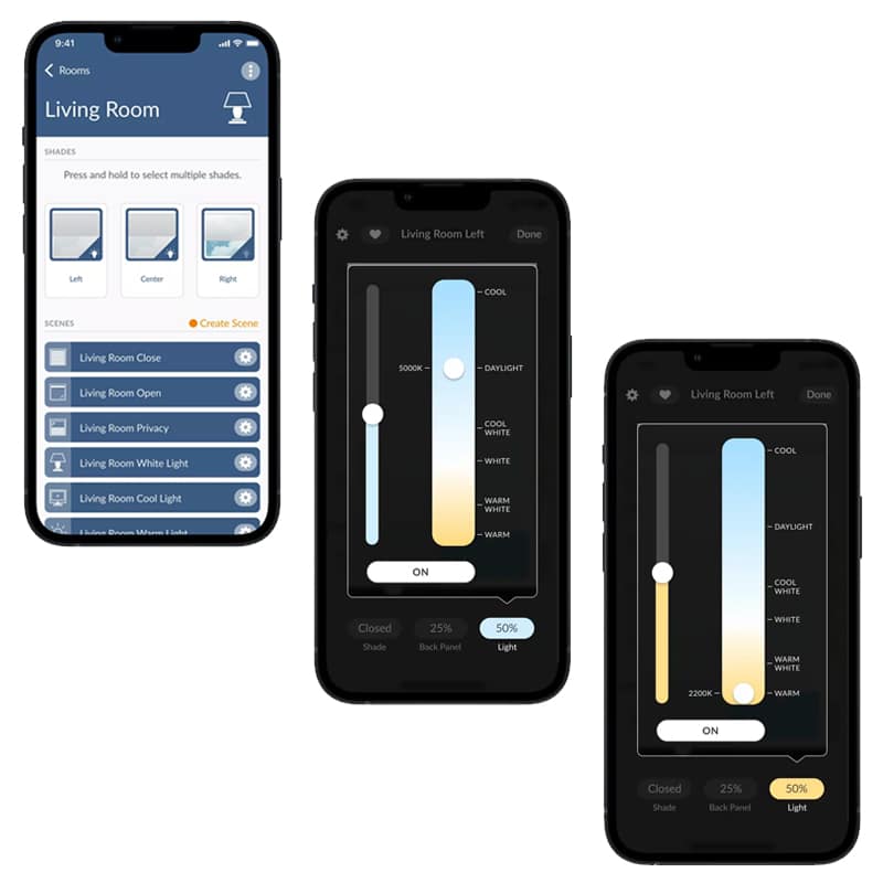 Adjustable smart lighting control app interface for advanced window treatments at Advance Blinds & Drapery.