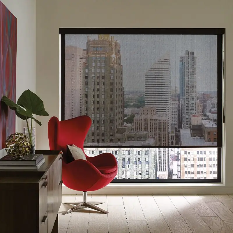 Custom roller blinds for modern city apartments, providing stylish window treatment options by Advance Blinds & Drapery. Perfect for controlling light and enhancing home decor.