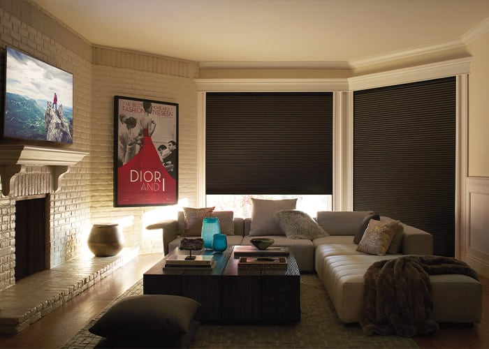 Black roller blinds on large bay window in modern living room featuring Advance Blinds & Drapery window treatments, offering light control and privacy. Perfect for stylish home decor.