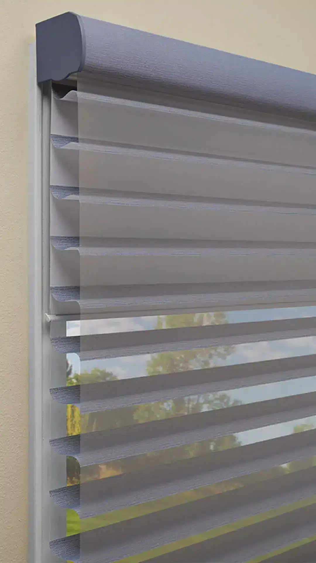 Luxurious gray dual-layer zebra window blinds for modern home décor, offering adjustable light control and privacy, perfect for living rooms and offices.