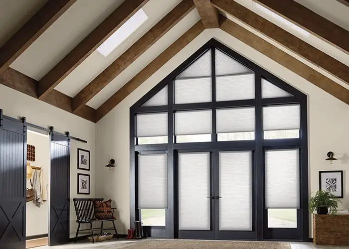 White window blinds on black framed large glass doors in modern living space, natural light, energy-efficient window treatments, custom blinds, advance blinds & drapery.