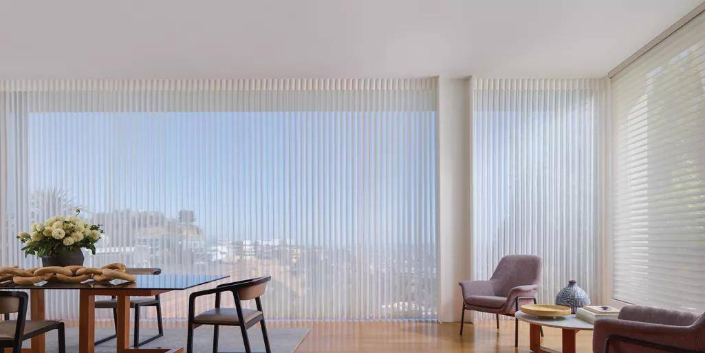 Luxurious vertical blinds in a modern living room, enhancing light control and privacy with stylish, high-quality window treatments from Advance Blinds & Drapery.