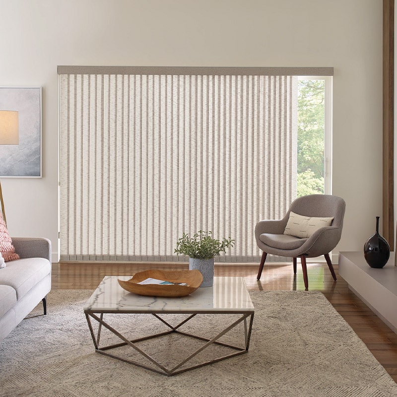 Vertical blinds for large windows, beige fabric, light-filtering, modern design, Residential home, custom window treatment, advance blinds and drapery, energy-efficient, stylish window coverings.