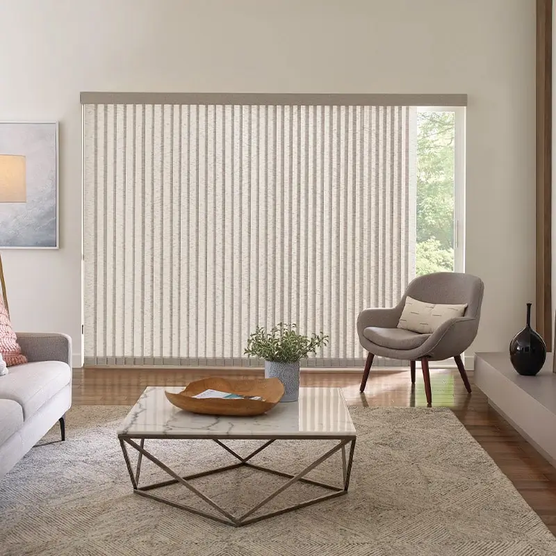 Vertical blinds for large windows, beige fabric, light-filtering, modern design, Residential home, custom window treatment, advance blinds and drapery, energy-efficient, stylish window coverings.