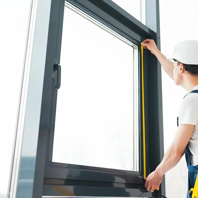 Aluminum window frame installation with a professional measuring for custom blinds and drapery at Advance Blinds & Drapery. High-quality window treatments for style and functionality.