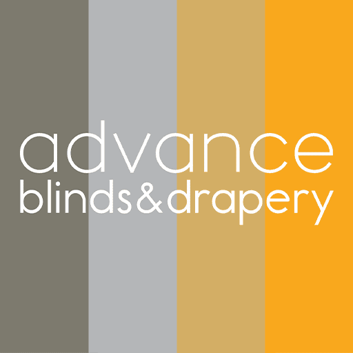 Gray and tan vertical striped window blinds showcasing modern window treatment solutions at Advance Blinds & Drapery.