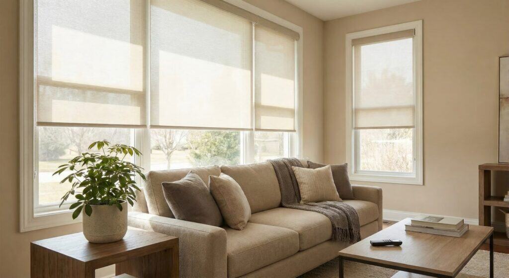 Light-filtering window blinds in a cozy living room with beige walls and natural sunlight.