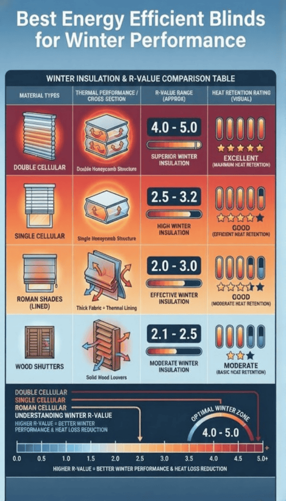 1. Energy-efficient winter blinds comparison chart for insulation, R-value, and heat retention ratings for optimal performance.