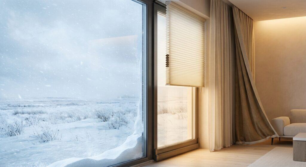 Bright living room with large window overlooking snowy landscape.