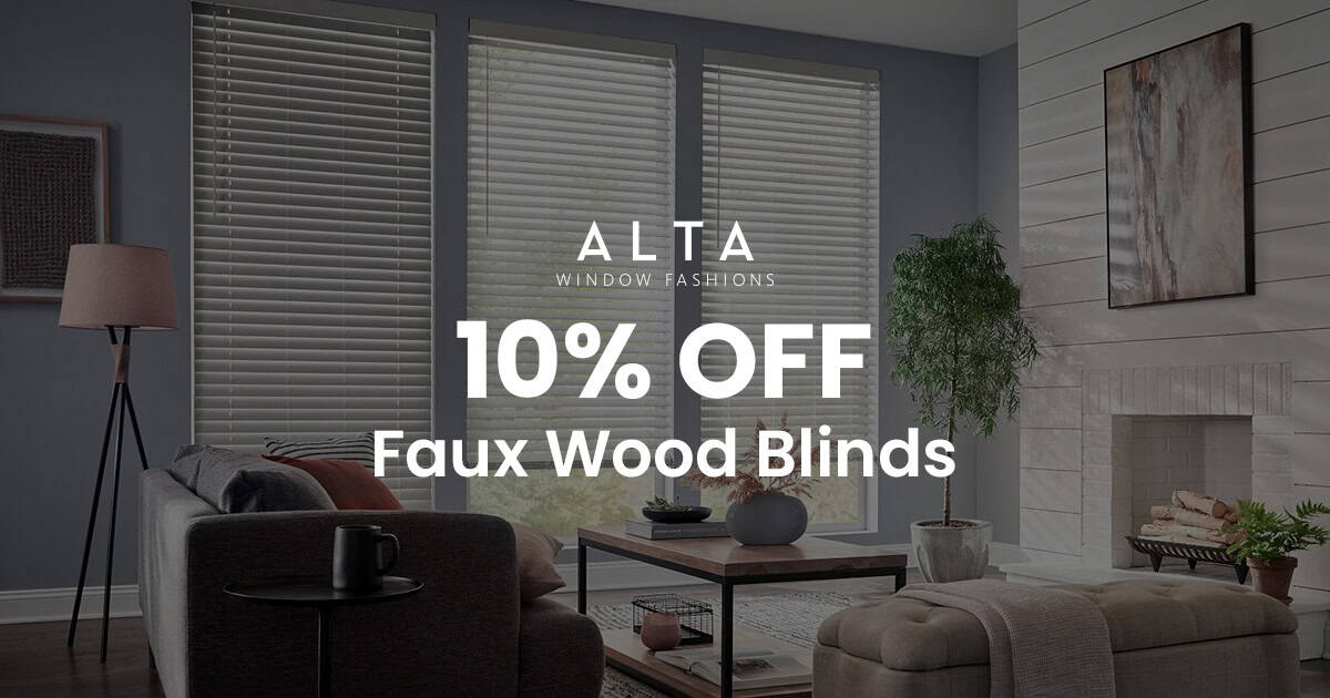Elegant living room featuring ALTA faux wood blinds, cozy seating, and stylish decor. Perfect for showcasing home window treatments and interior design ideas.