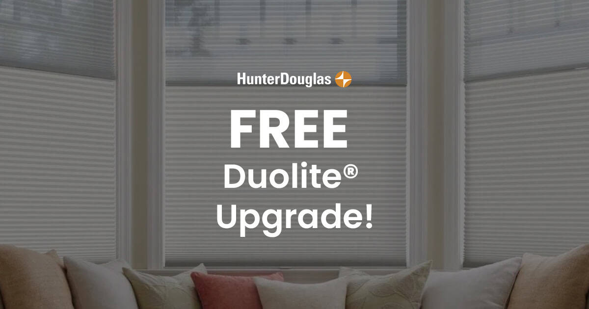 Promotion for free Duolite® upgrade on Duette® honeycomb shades, highlighting enhanced light control and energy efficiency.