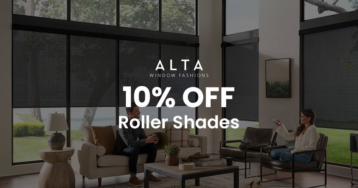 Modern living room with stylish ALTA faux wood blinds offering 10% discount, showcasing elegant window treatments that enhance home decor and provide light control.