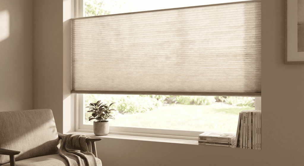 Window blinds covering a large window in a bright living room.