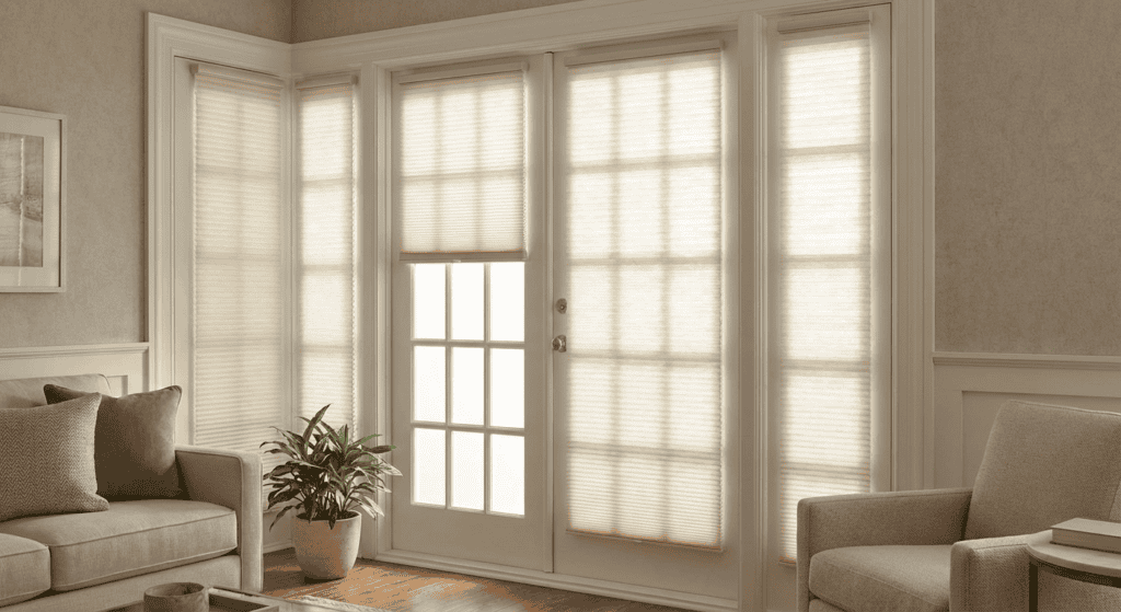 Bright living room with large windows covered by beige blinds, natural light filling the space, comfortable seating, and a potted plant creating a warm, inviting atmosphere.