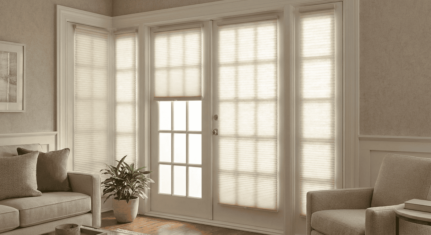 Bright living room with large windows covered by beige blinds, natural light filling the space, comfortable seating, and a potted plant creating a warm, inviting atmosphere.