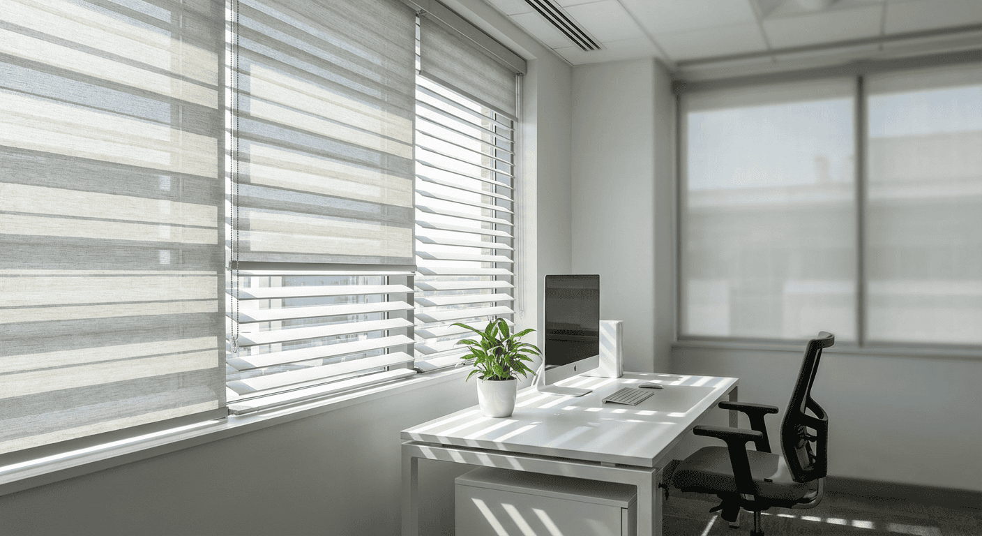 Bright office with large windows, white desk, computer, and green plant, ideal for productivity and comfort.