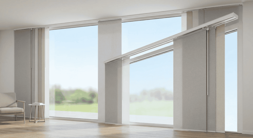 Bright living space with expansive windows and sleek roller blinds, offering natural light and scenic views. Ideal for contemporary home design, emphasizing openness and style.