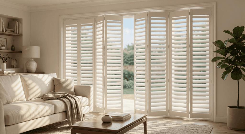 Bright living room with large window shutters, allowing ample sunlight and offering a view of greenery outside. The space features a comfortable cream sofa, a wooden coffee table, and indoor plants, c.