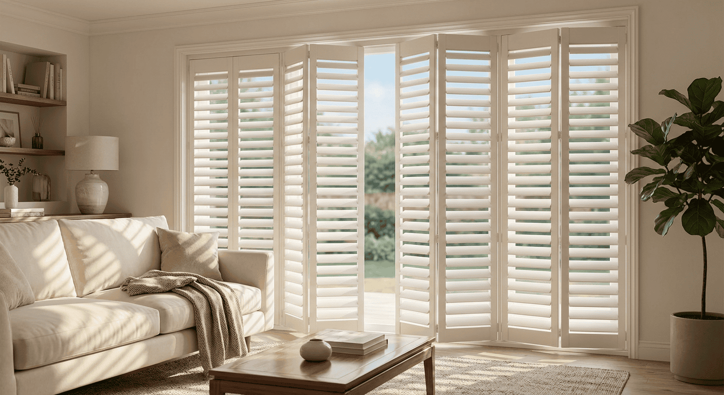 Bright living room with large window shutters, allowing ample sunlight and offering a view of greenery outside. The space features a comfortable cream sofa, a wooden coffee table, and indoor plants, c.