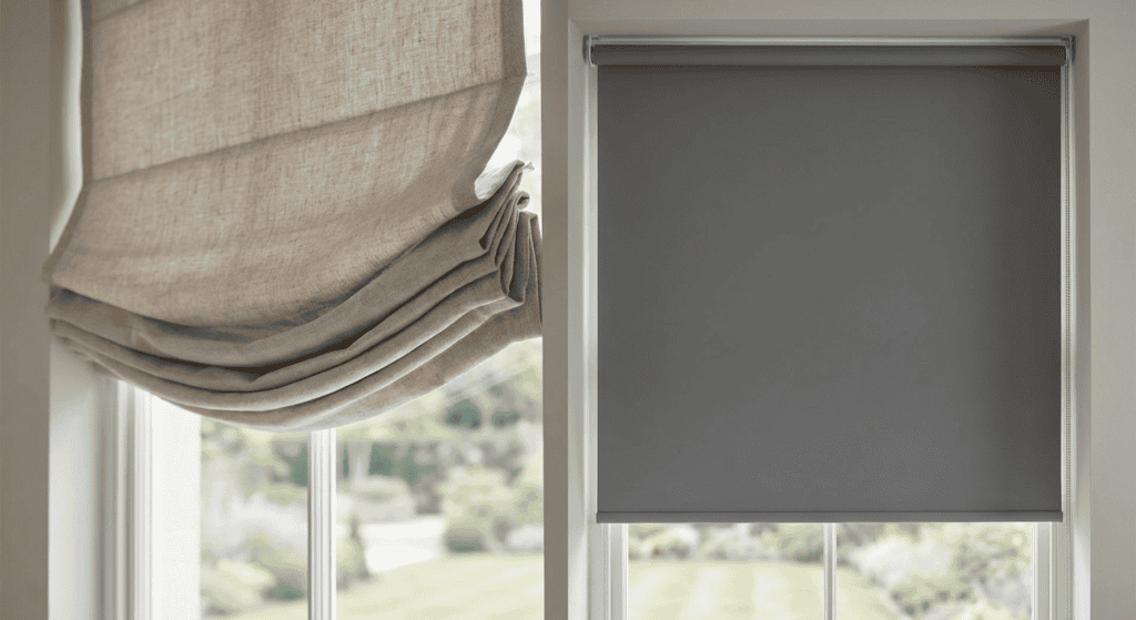 Image of a window with a beige Roman shade partially raised and a gray roller shade fully lowered, showcasing different window treatment styles in a bright room.
