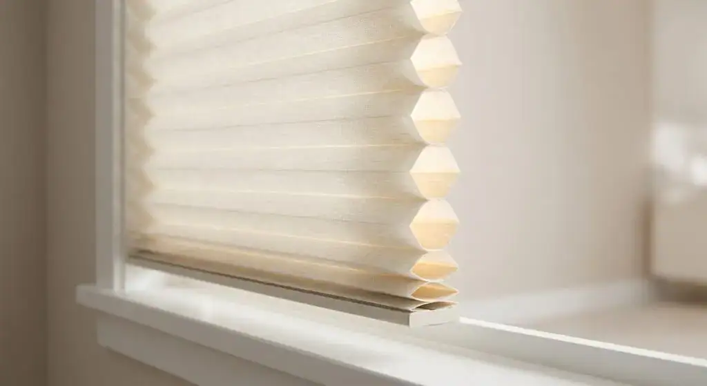 Close-up of beige pleated window blinds with sunlight filtering through, mounted on a white window frame.