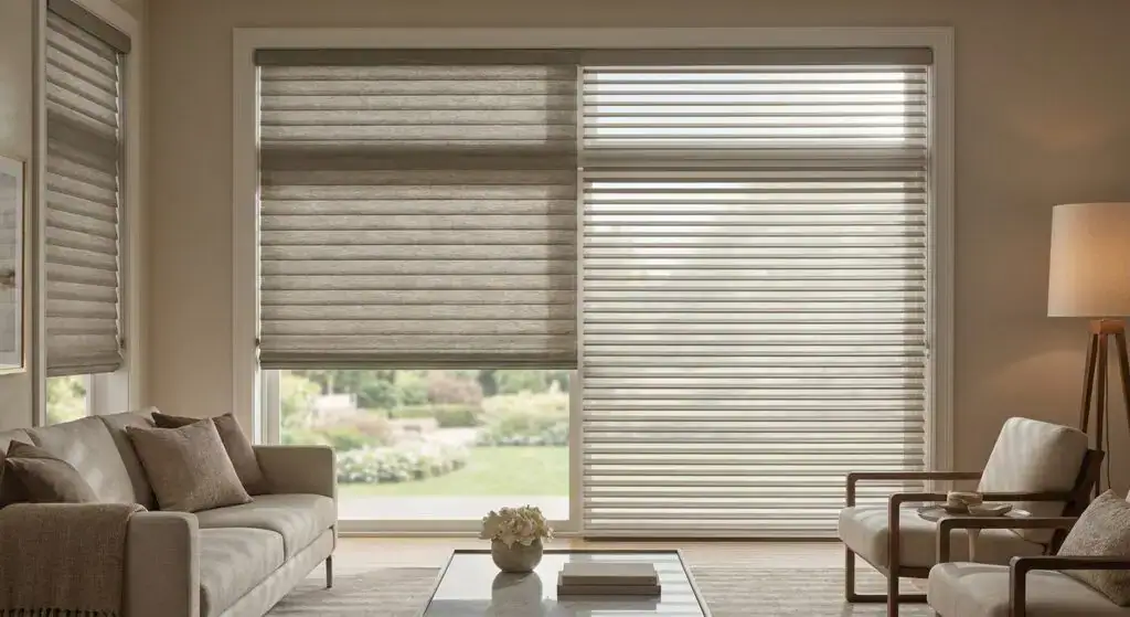 Modern living room with large windows, beige sofa, armchair, and blinds, overlooking a green outdoor landscape.
