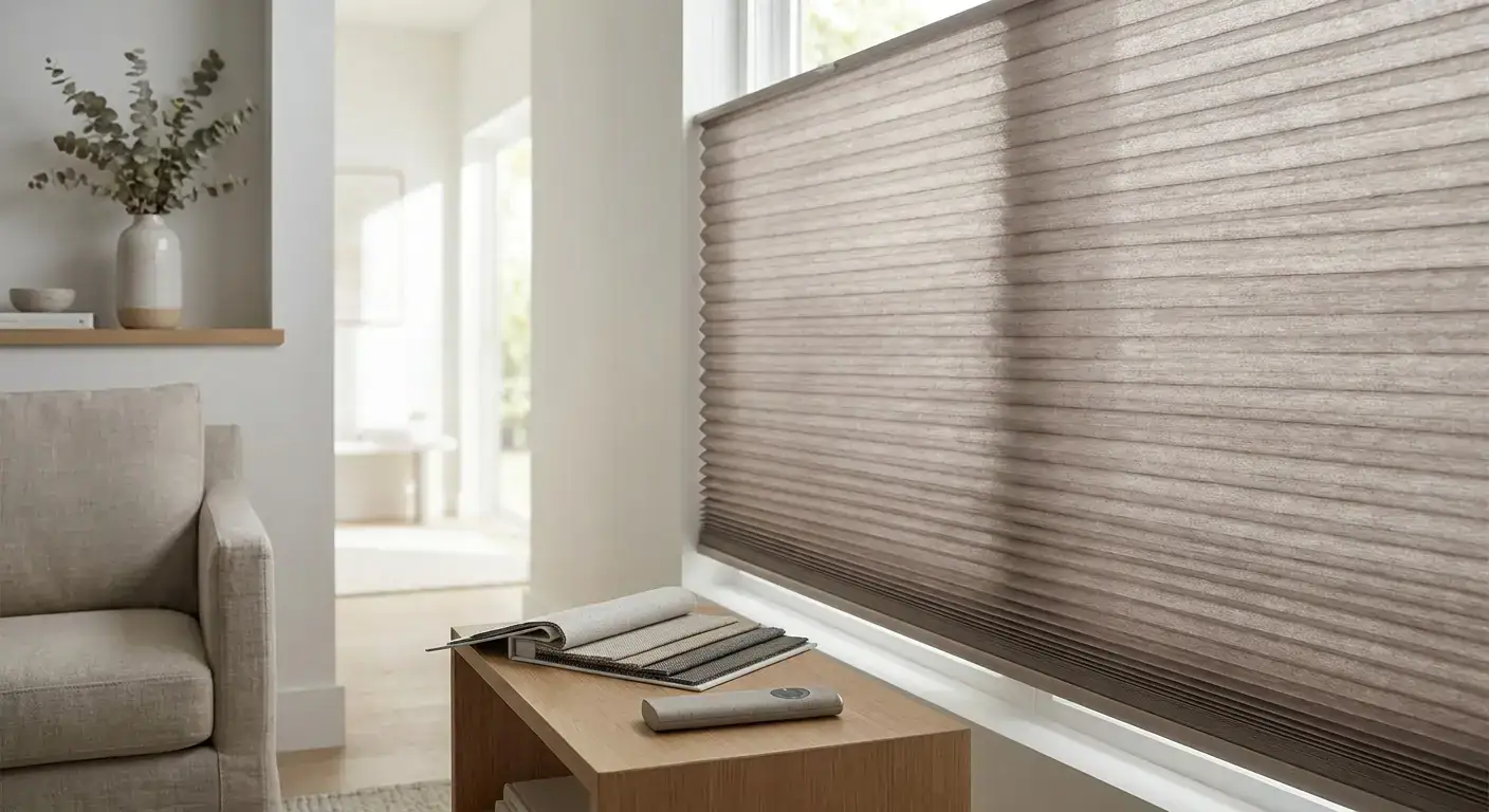 Modern beige window blinds in a bright living room with natural light and minimalist decor.