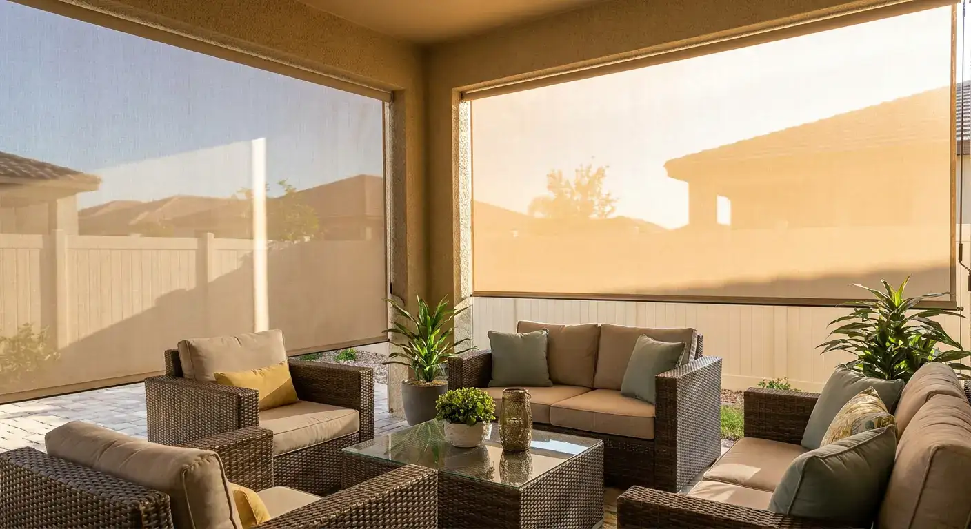 Sunlit indoor lounge with wicker furniture, cushions, and potted plants, overlooking a backyard through large windows.