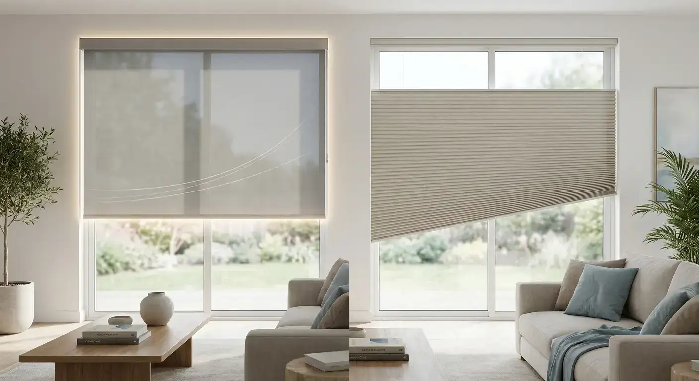 Modern living room with large windows and stylish roller blinds, neutral color palette, and comfortable seating.