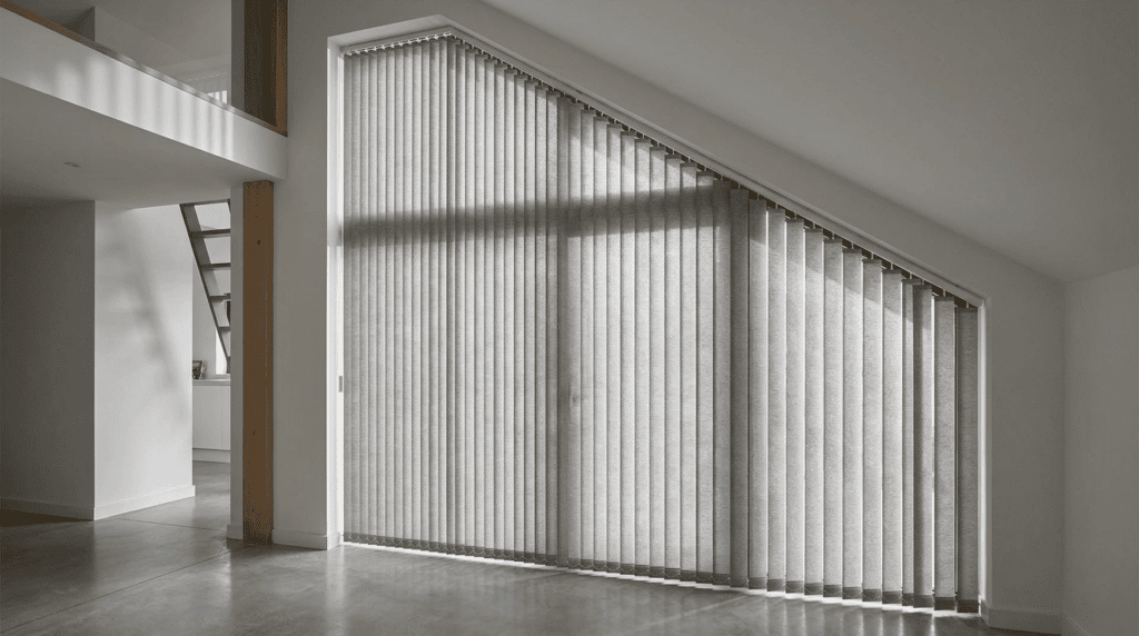 Large window with vertical blinds in a modern, minimalistic room with natural light and a sloped ceiling.