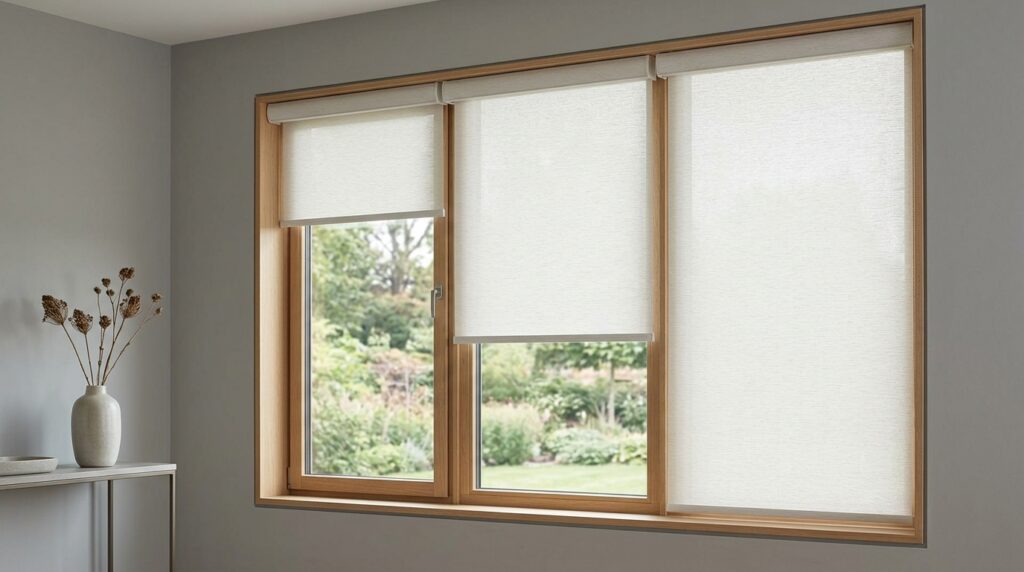 Three white roller blinds covering a large window with a view of a garden outside.