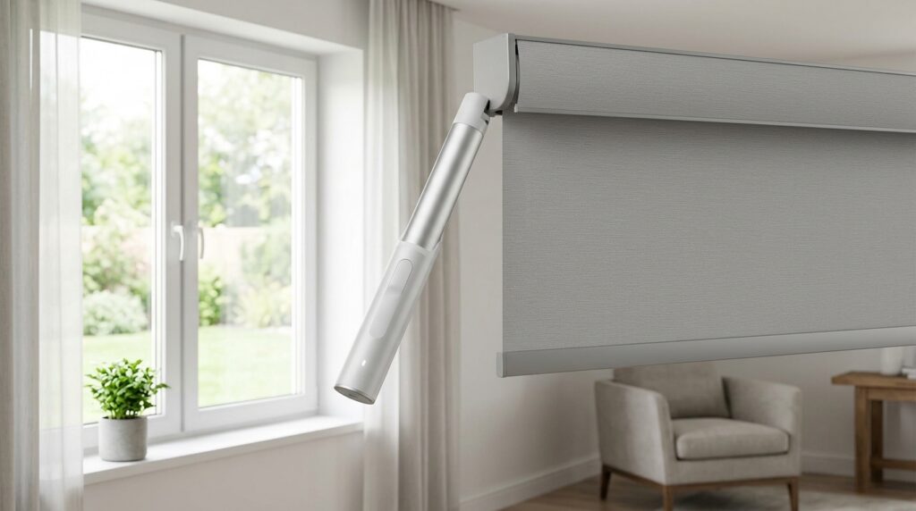 Window with a white roller blind partially lowered in a bright living room.