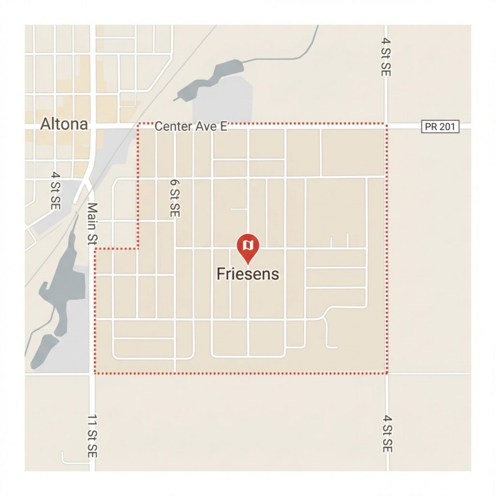 Map showing Friesens location in Altona, bordered by Main St, 4th St SE, and 6th St SE, near Center Ave E and PR 201.