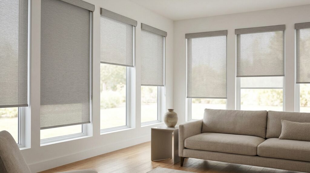 Modern living room with large windows and gray roller blinds, beige sofa, and minimal decor.