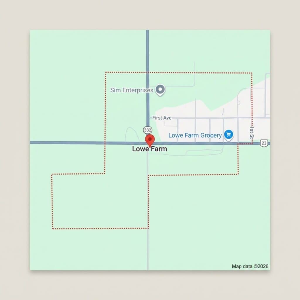 Map showing Lowe Farm location near First Ave and Lowe Farm Grocery in a rural area.
