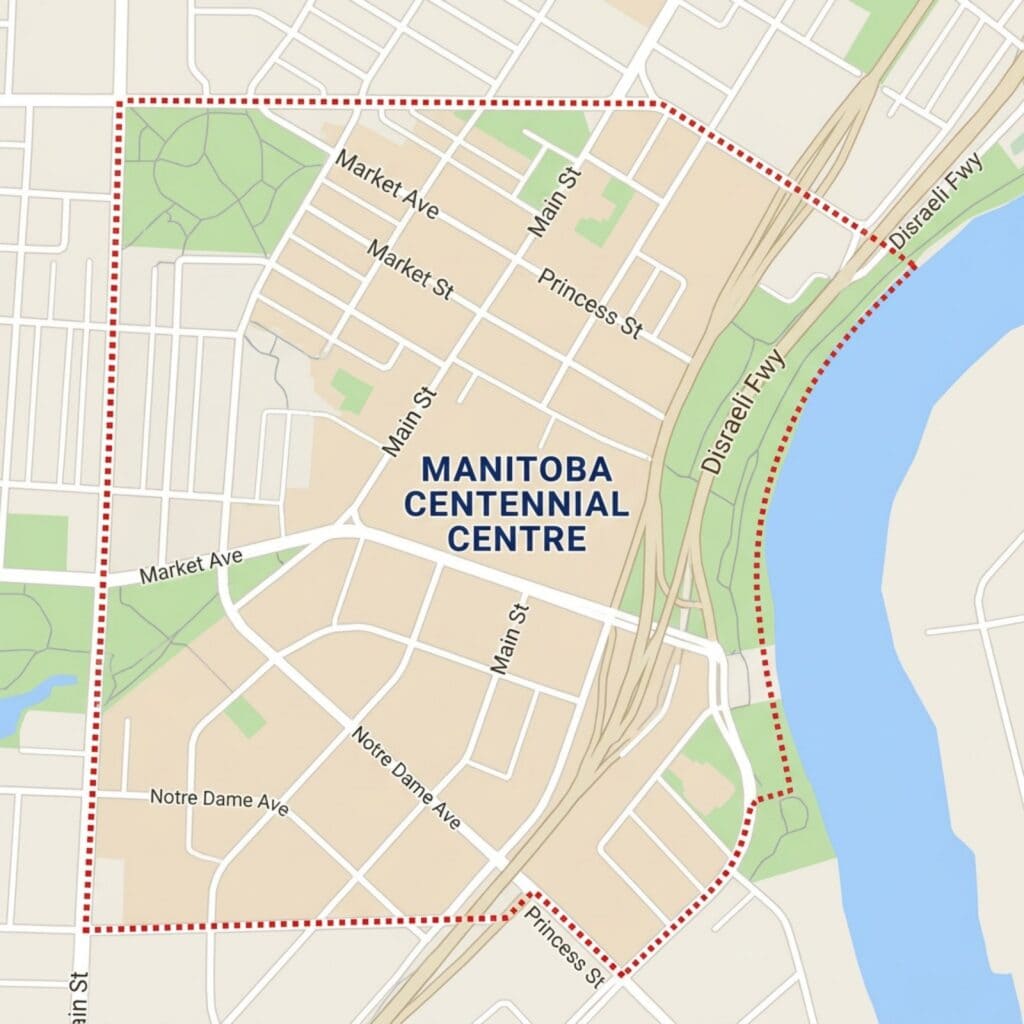 Map of Manitoba Centennial Centre area with streets, parks, and the Red River in Winnipeg.