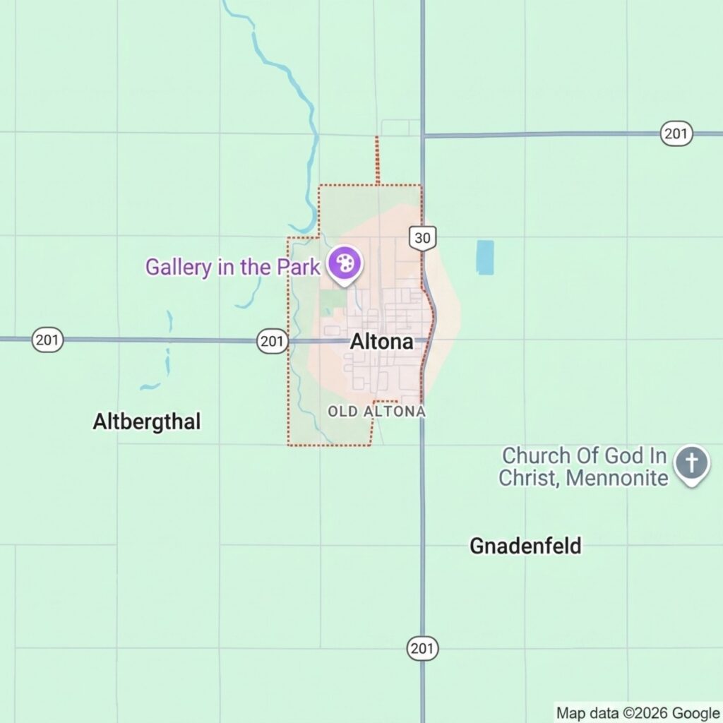 Map of Altona, Minnesota, showing nearby towns, roads, and landmarks including a gallery and church.