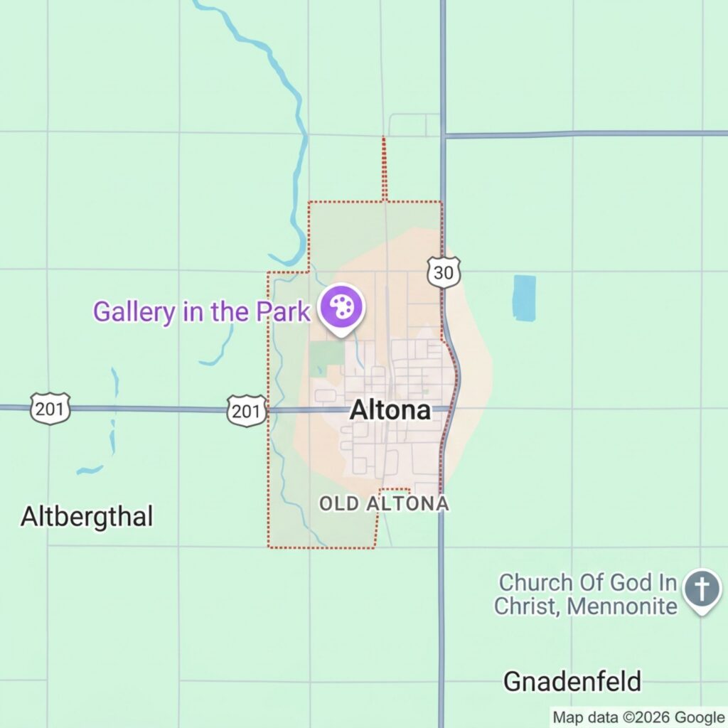 Map of Altona, showing Old Altona, nearby towns, and roads, with a marker for Gallery in the Park.