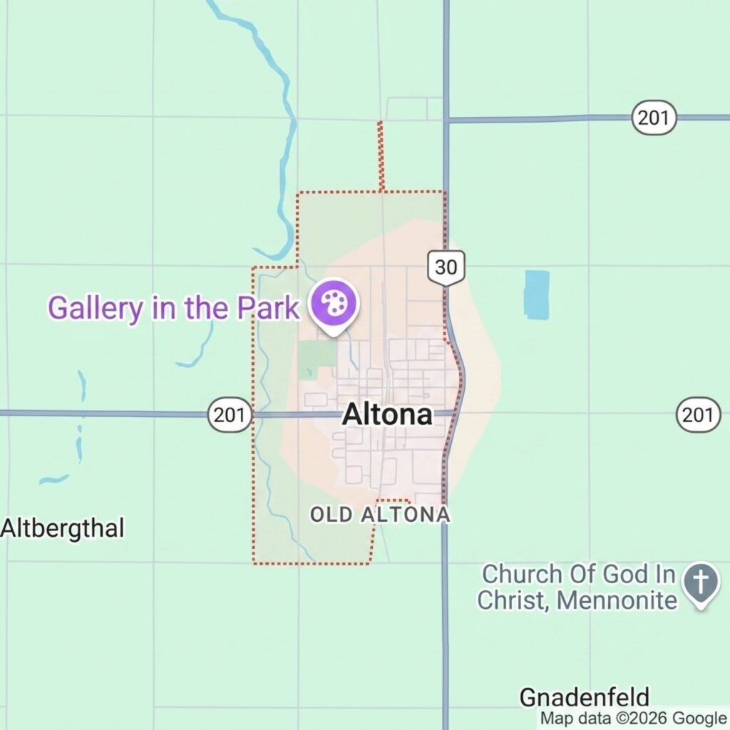 Map of Altona showing the location of Gallery in the Park and Old Altona, with nearby roads and landmarks.