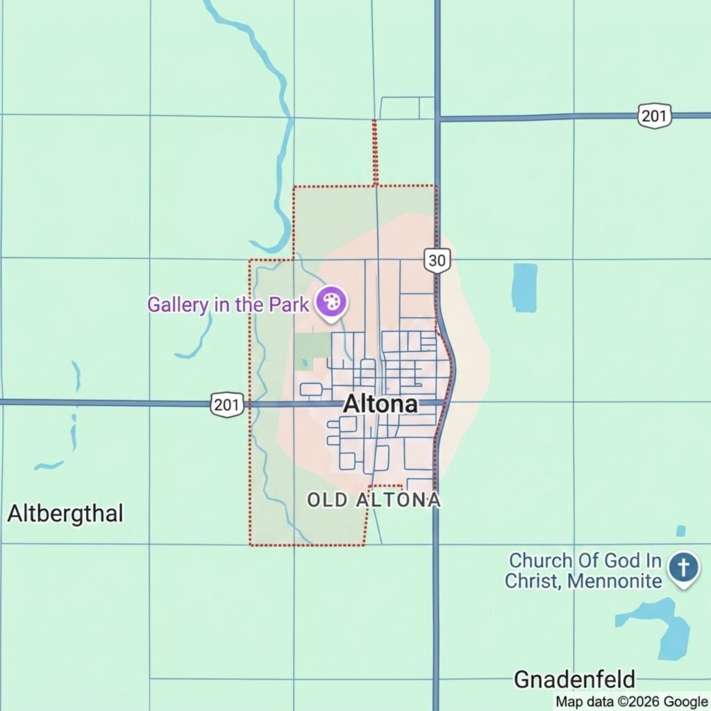 Map of Altona, Minnesota showing main roads, Old Altona area, and nearby landmarks like Gallery in the Park and Church of God in Christ, Mennonite.