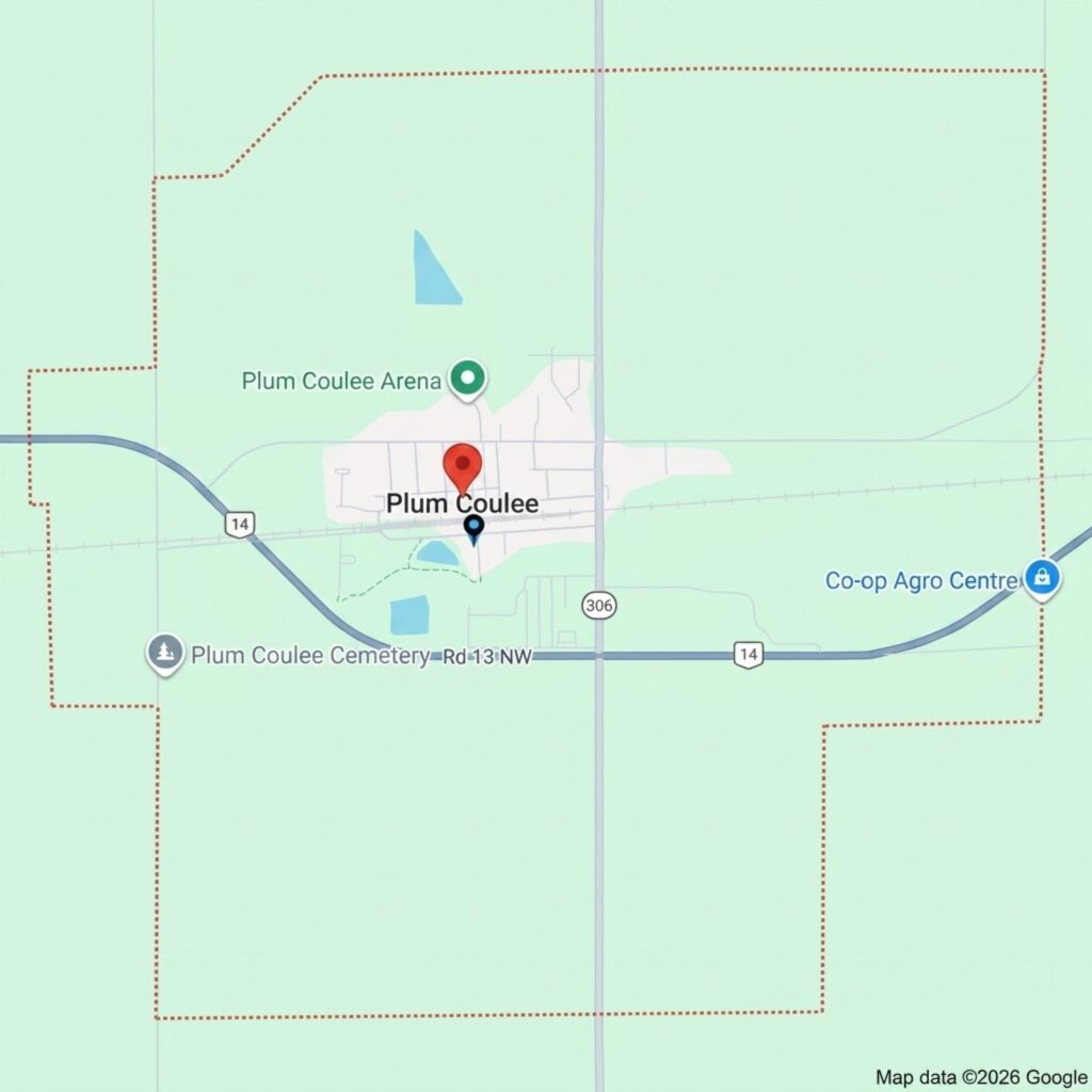 Map of Plum Coulee showing key locations like arena, cemetery, and co-op center in a rural area.