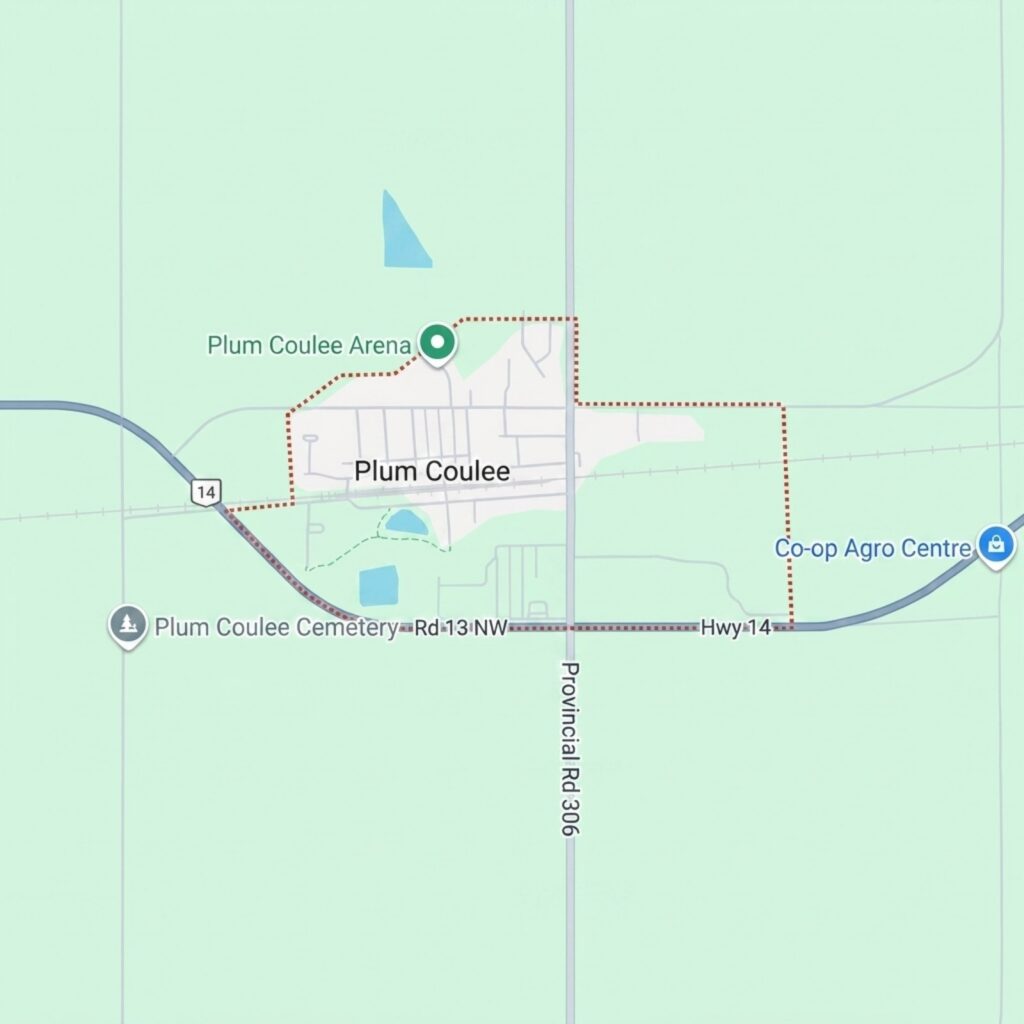 Map of Plum Coulee showing arena, cemetery, and co-op center along Highway 14 and Provincial Road 306.