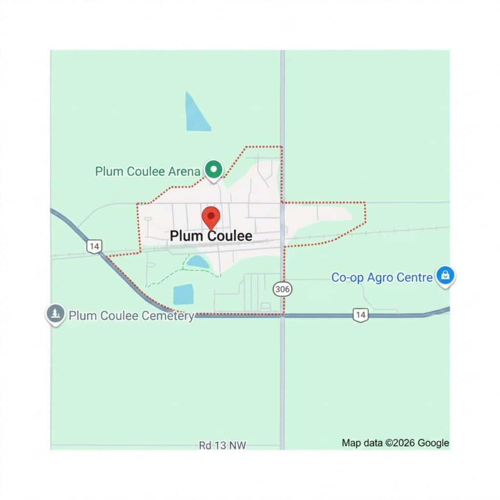 Map of Plum Coulee showing arena, cemetery, and nearby roads in Manitoba, Canada.