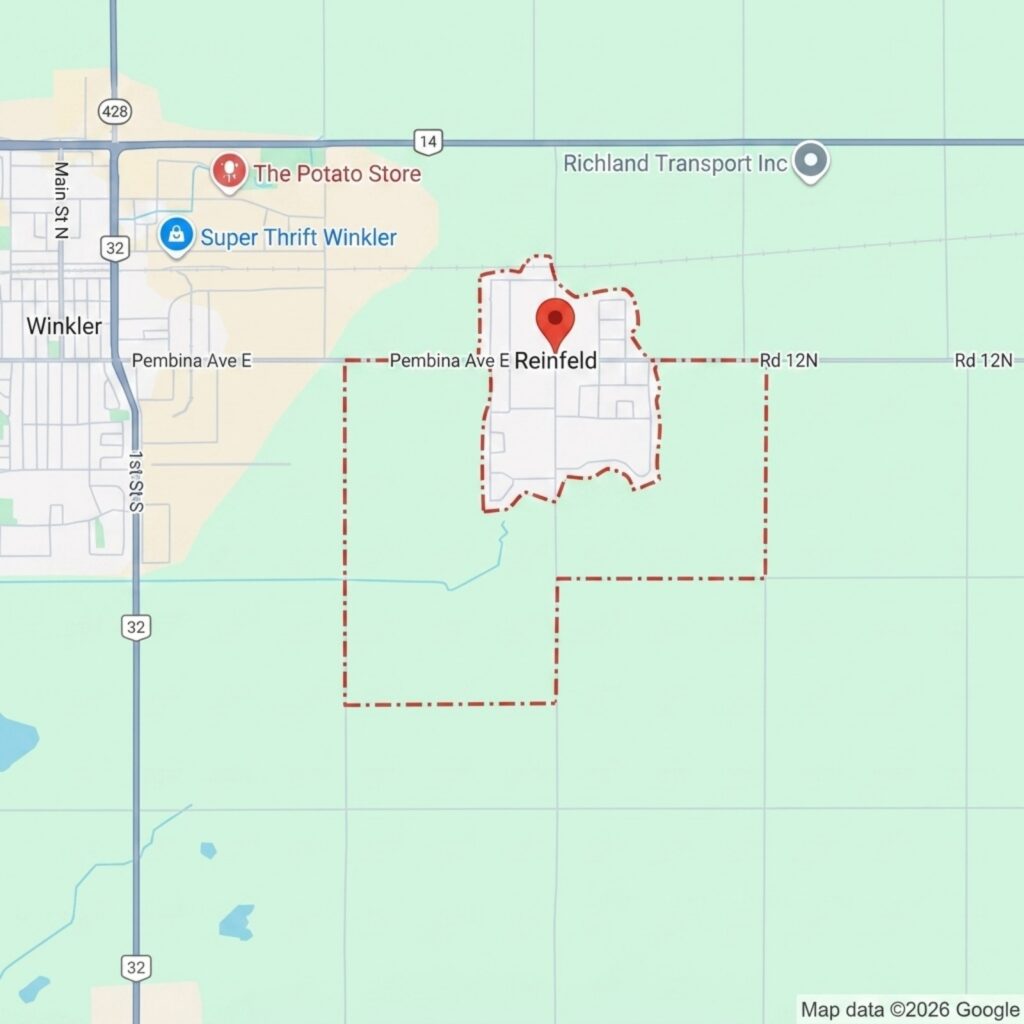 Map of Reinfeld, showing its boundaries, nearby roads, and local businesses like The Potato Store and Super Thrift Winkler.