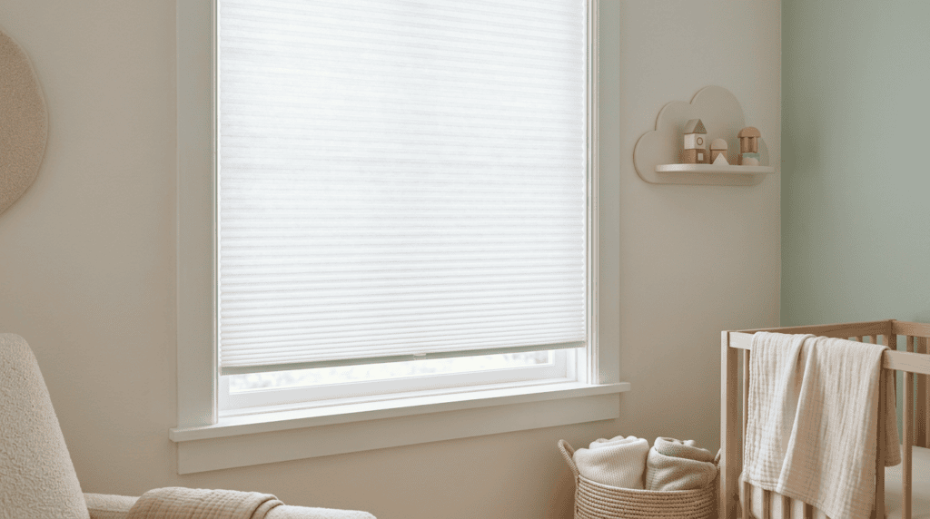 Bright nursery with a large window, white blinds, and soft pastel decor including a wooden crib and wall shelf.