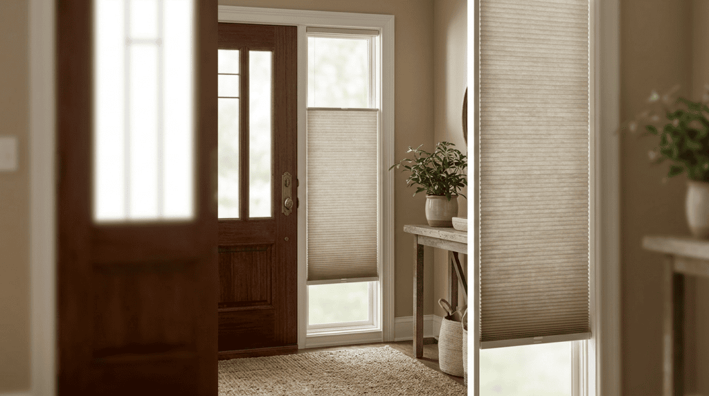 Bright entryway with wooden door, glass panel, and beige roller blinds on windows, decorated with potted plants and a small table.