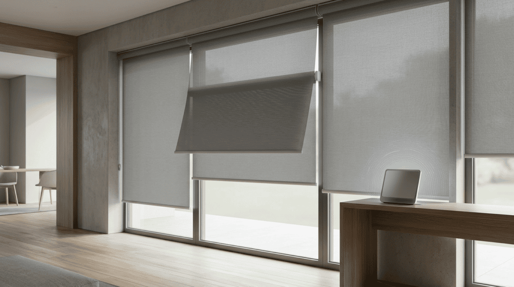 Modern interior with large windows and roller blinds, minimalistic design, natural light, wooden flooring, and a laptop on a wooden desk.